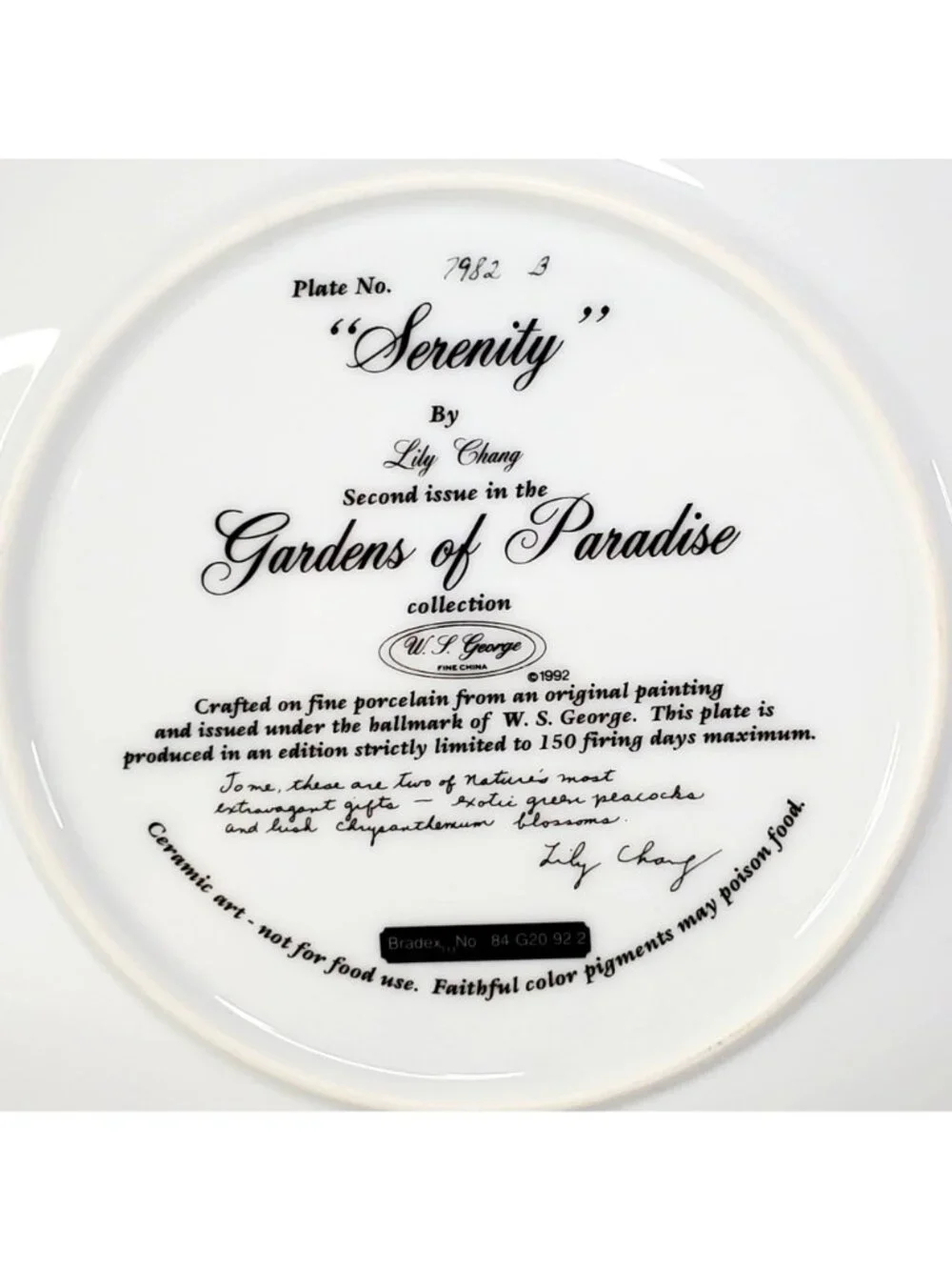 Serenity By Lily Chang Gardens Of Paradise Plate Peacocks Chrysanthemum 1992 COA - Picture 4 of 12